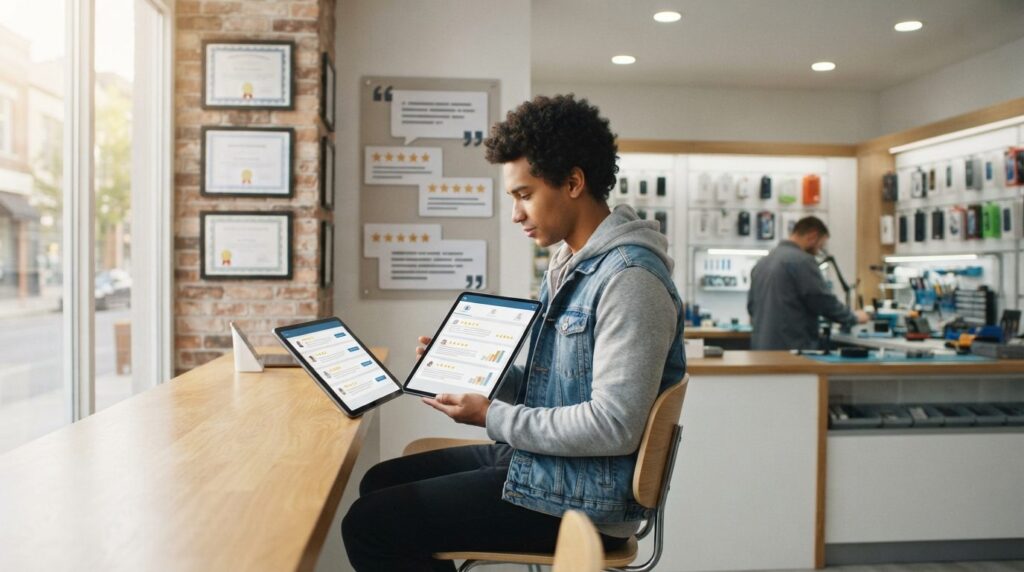 Customer reading online reviews and ratings on a tablet whil