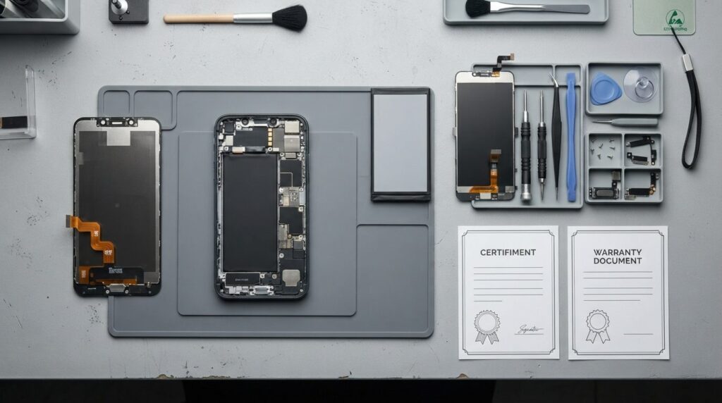 Flat lay composition showing a smartphone with genuine repla