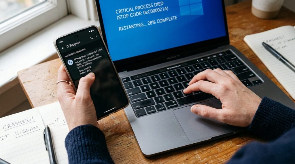 Close-up of hands holding smartphone and laptop keyboard sim