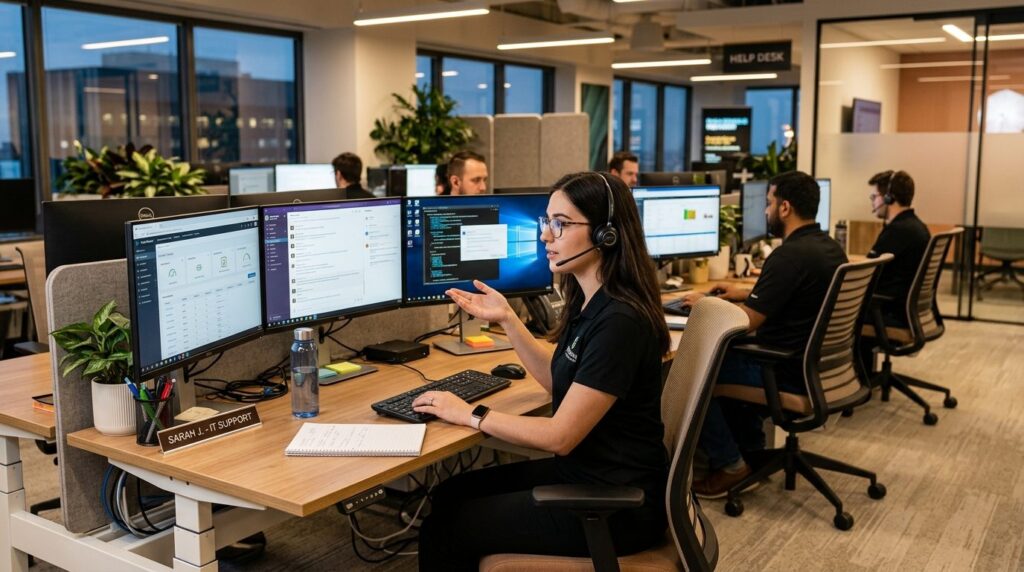 Wide shot of IT support technician wearing headset at modern