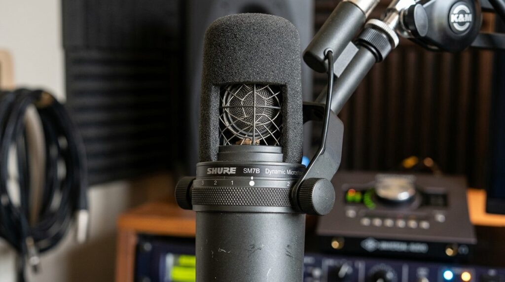 Close-up detail shot of Shure SM7B microphone capsule and ga