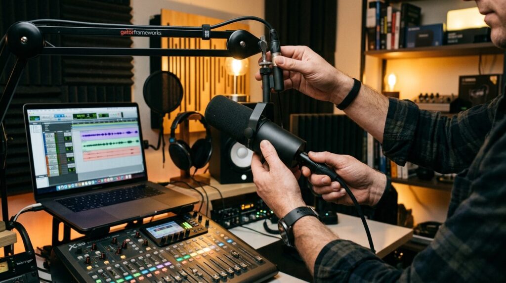 Audio engineers hands adjusting microphone placement and XL
