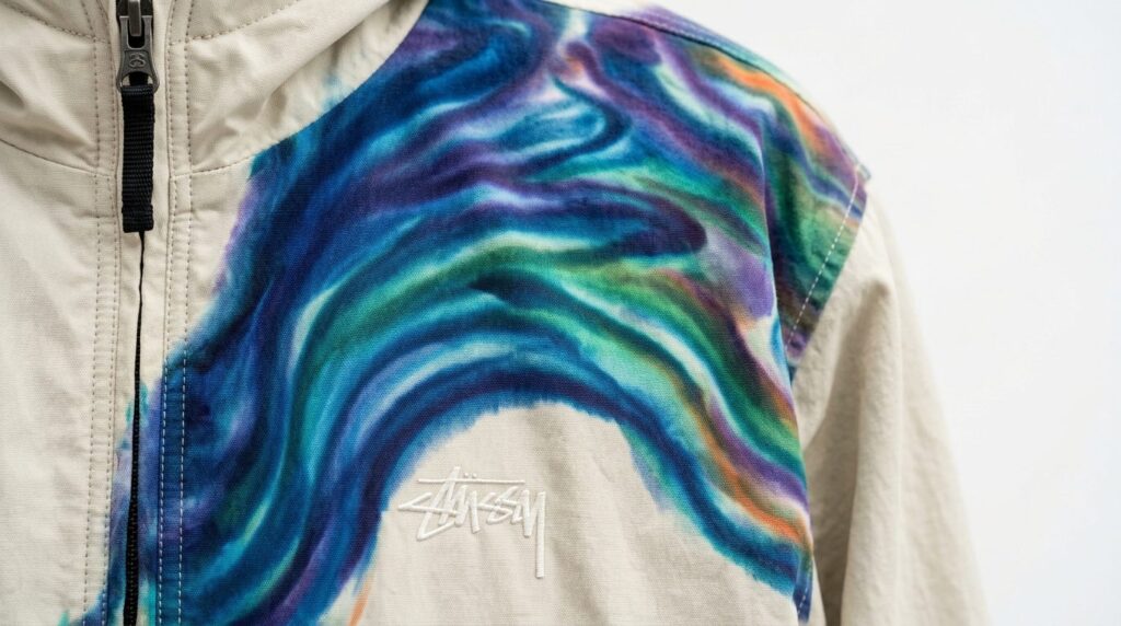 Close-up of wave dye pattern texture on a bone-colored Stuss