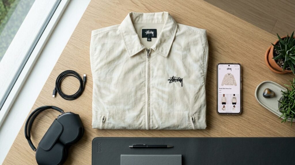 Flat lay composition of Stussy Beach Shell Wave Dye jacket i