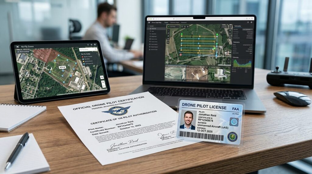 Close-up of official drone pilot certification document and 
