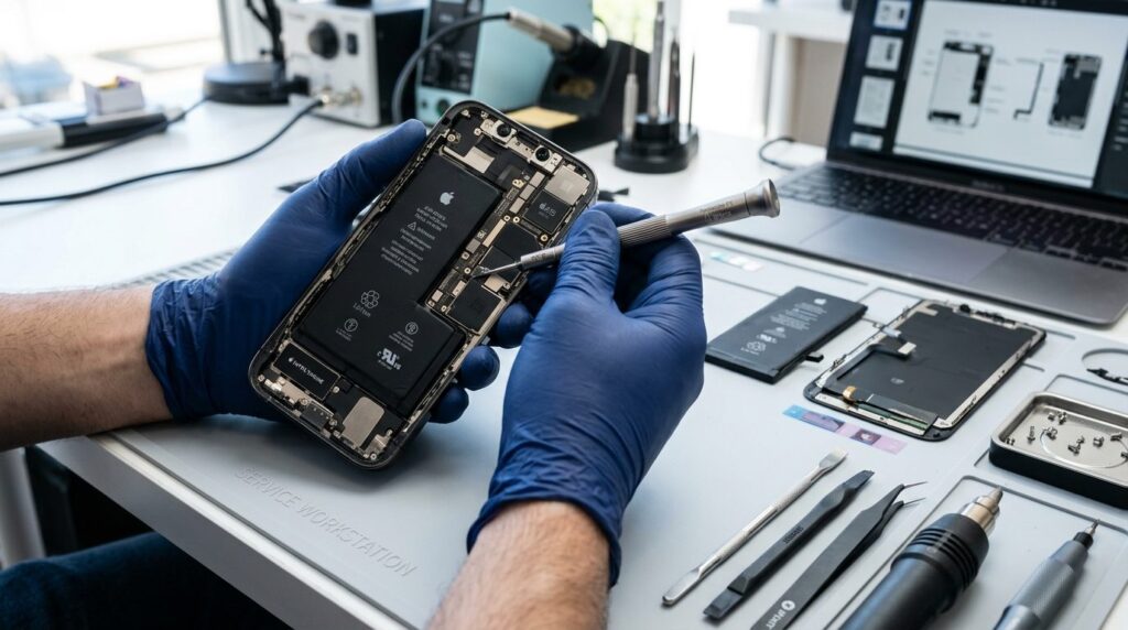 Close-up detailed shot of a technicians hands holding a dis