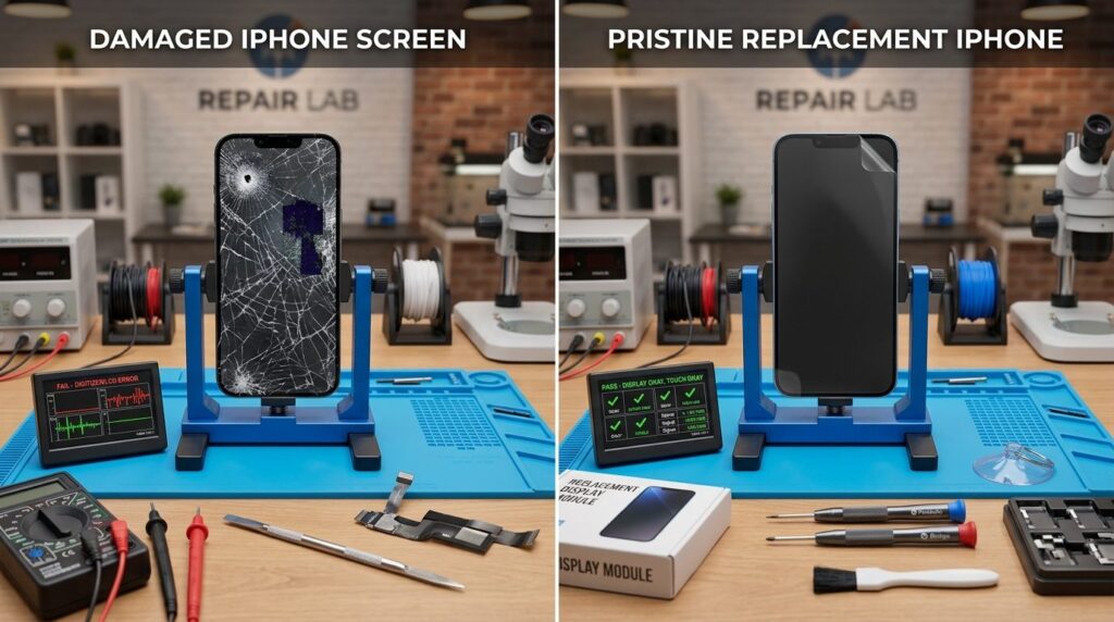 Split-screen comparison style image showing a damaged iPhone