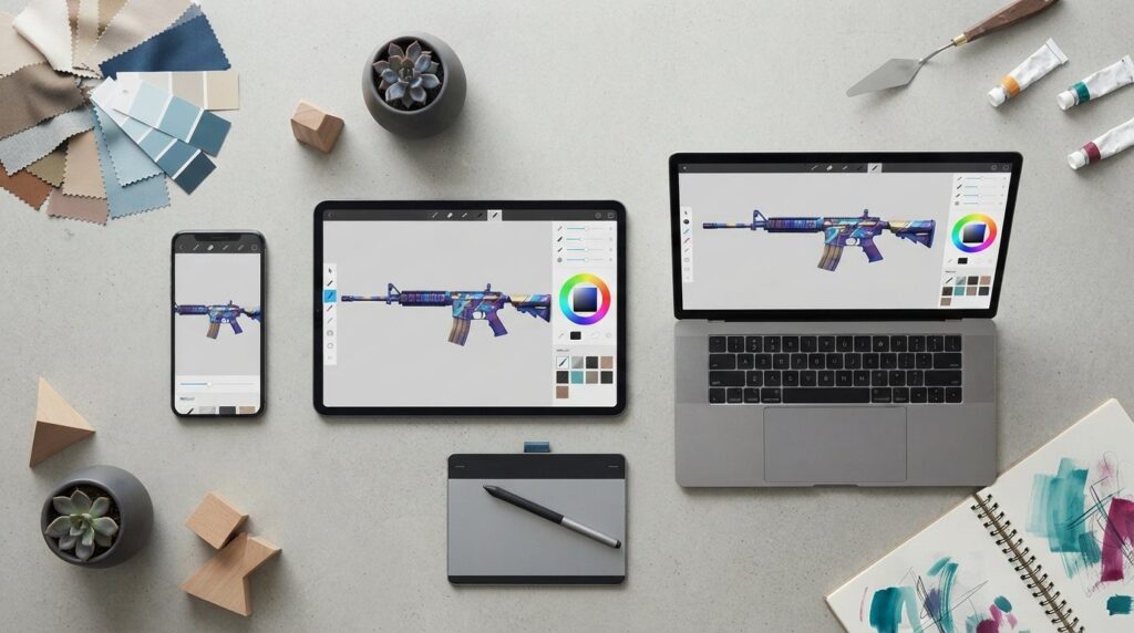 Flat lay composition of a smartphone, tablet, and laptop dis