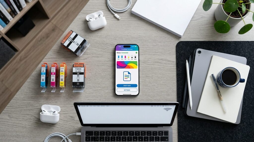 Modern flat lay composition featuring smartphone with printe