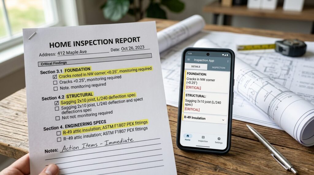 Close-up technical photograph of a home inspection document