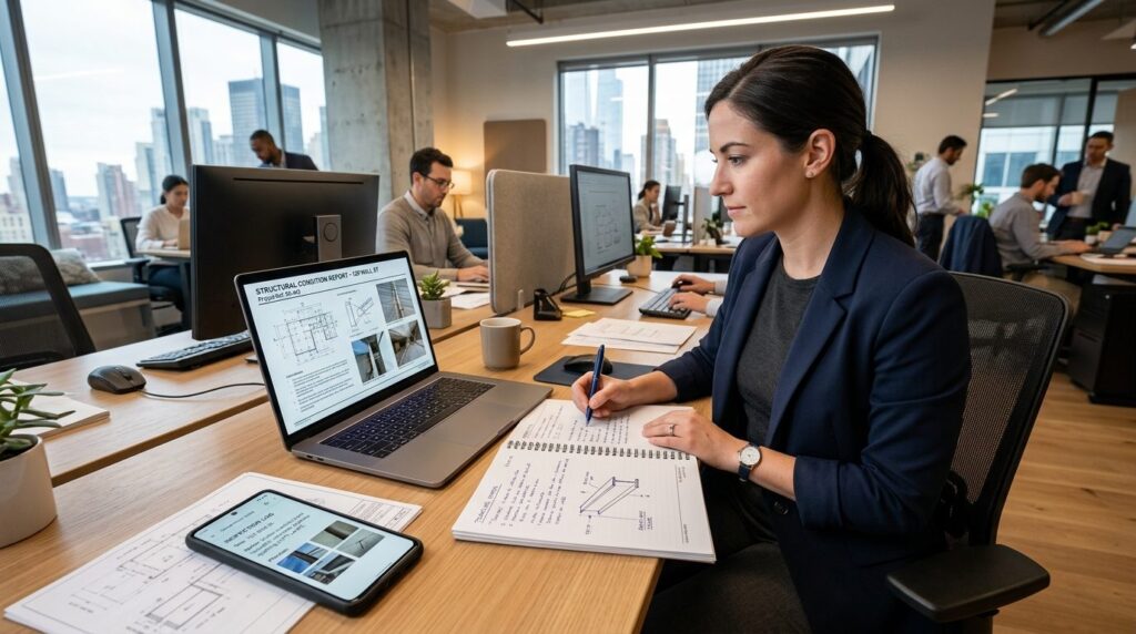 Wide shot of a modern workspace showing a professional woman