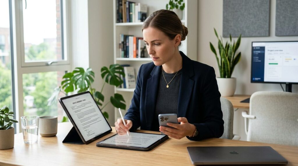 Young professional reviewing and signing contract documents