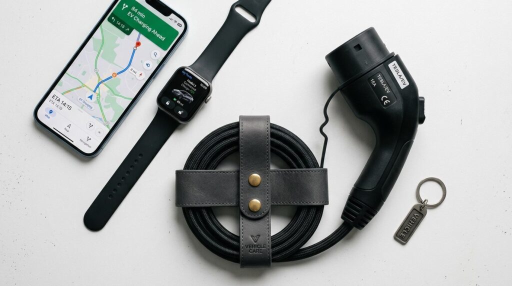 Close-up flatlay composition of essential EV accessories inc