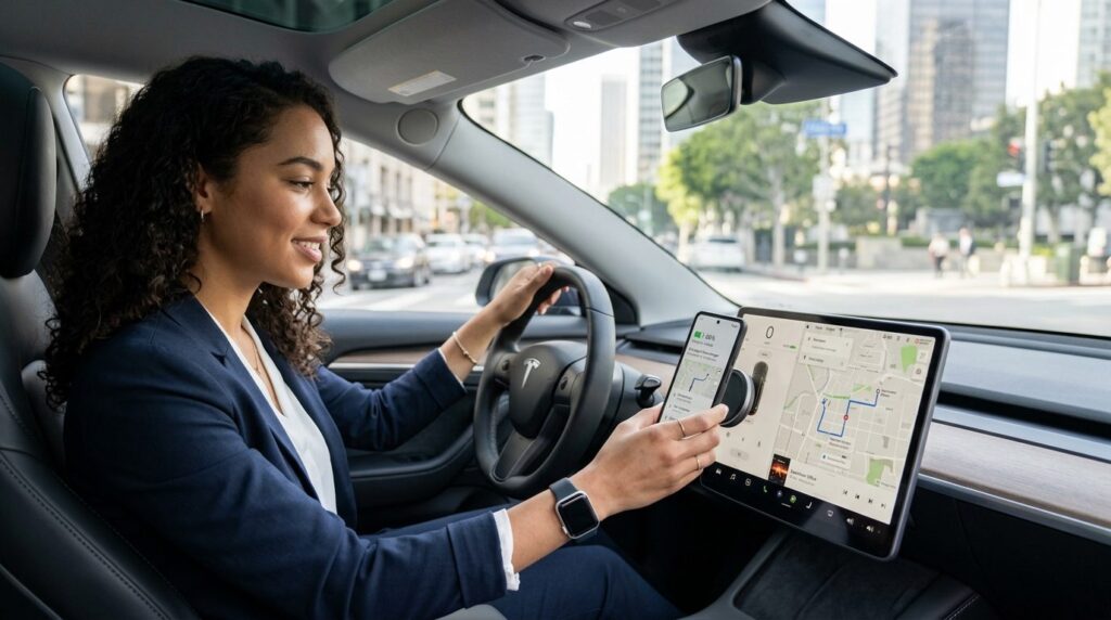 Young professional inside modern electric vehicle interior, 