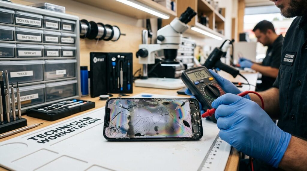 Close-up of a damaged smartphone with cracked screen and wat