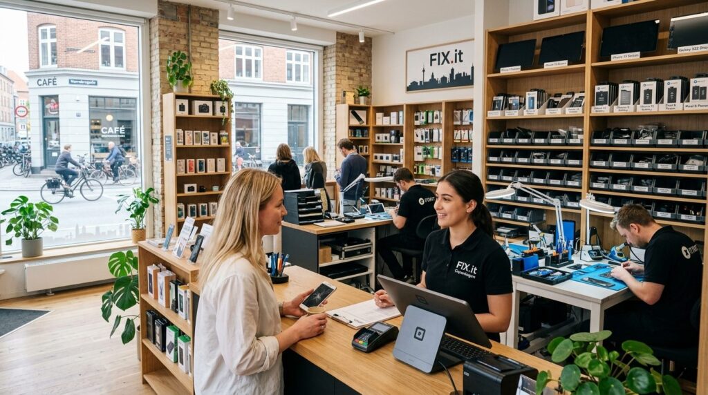 Interior of a modern phone repair shop in Copenhagen with mu